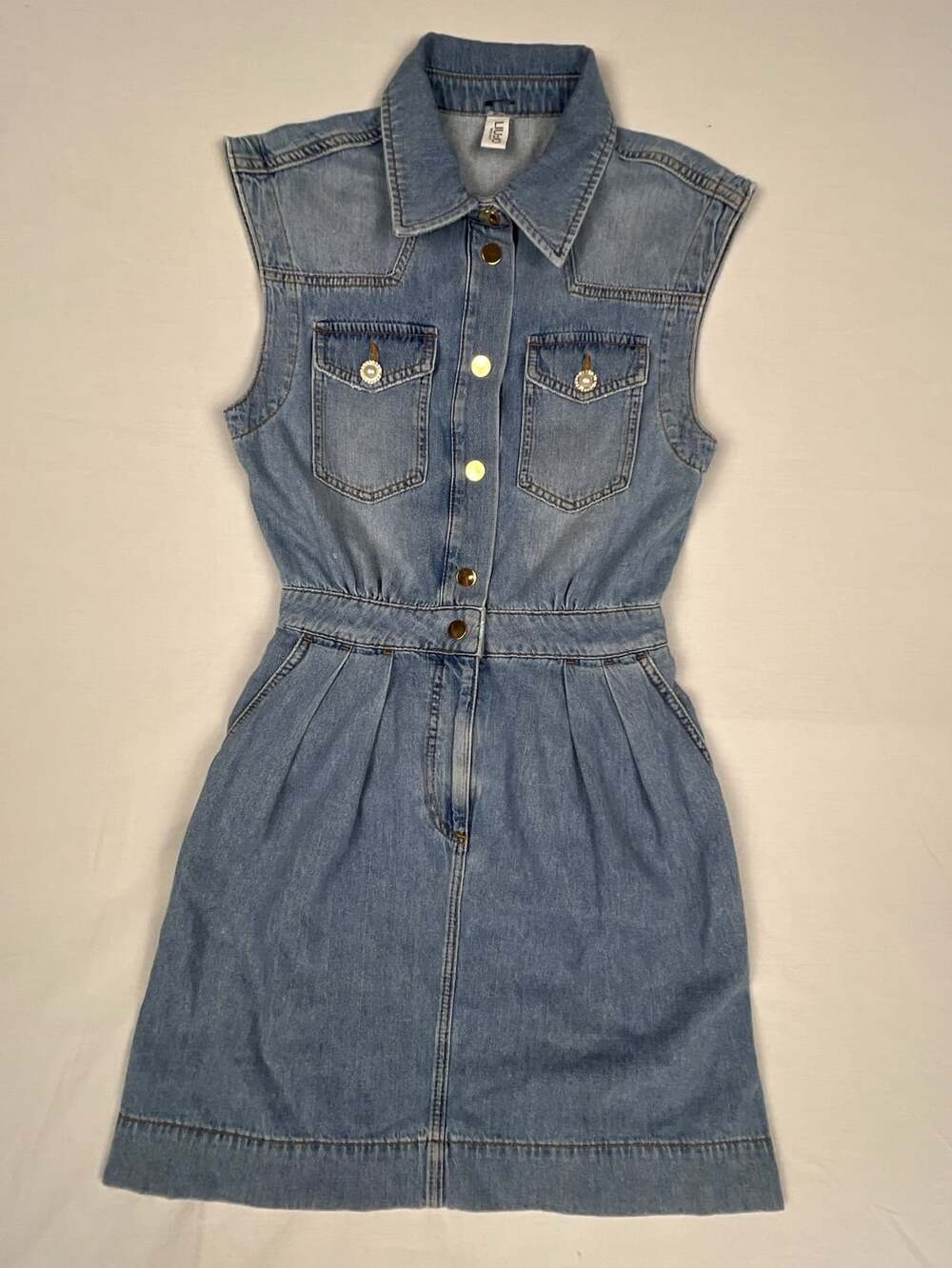 Liu Jo Milano Sleeveless Denim Mini Dress with Rhinestone Pearl Buttons